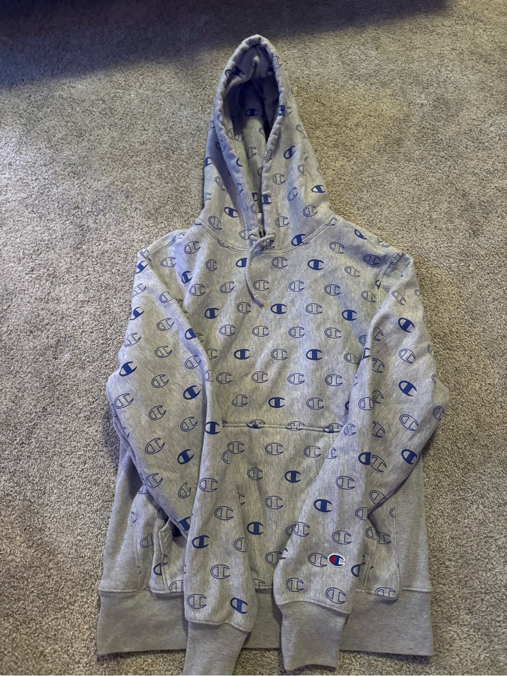 Champion Gray Hoodie with Blue Allover Logos
